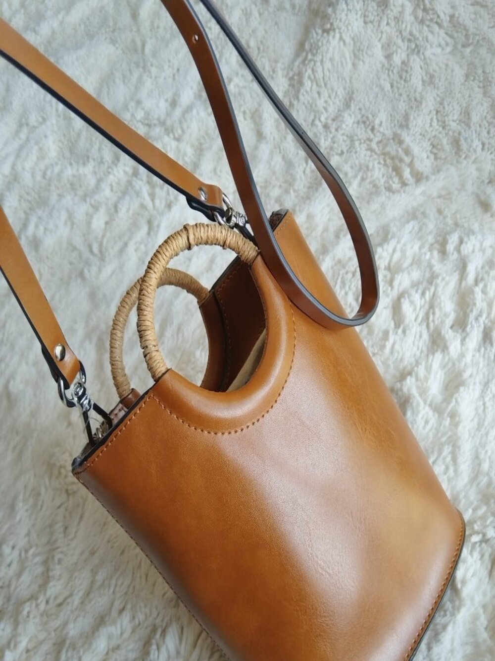 ZARA Cognac Tan Faux Leather Bucket Crossbody Bag Woven Handles Drawstring Liner
